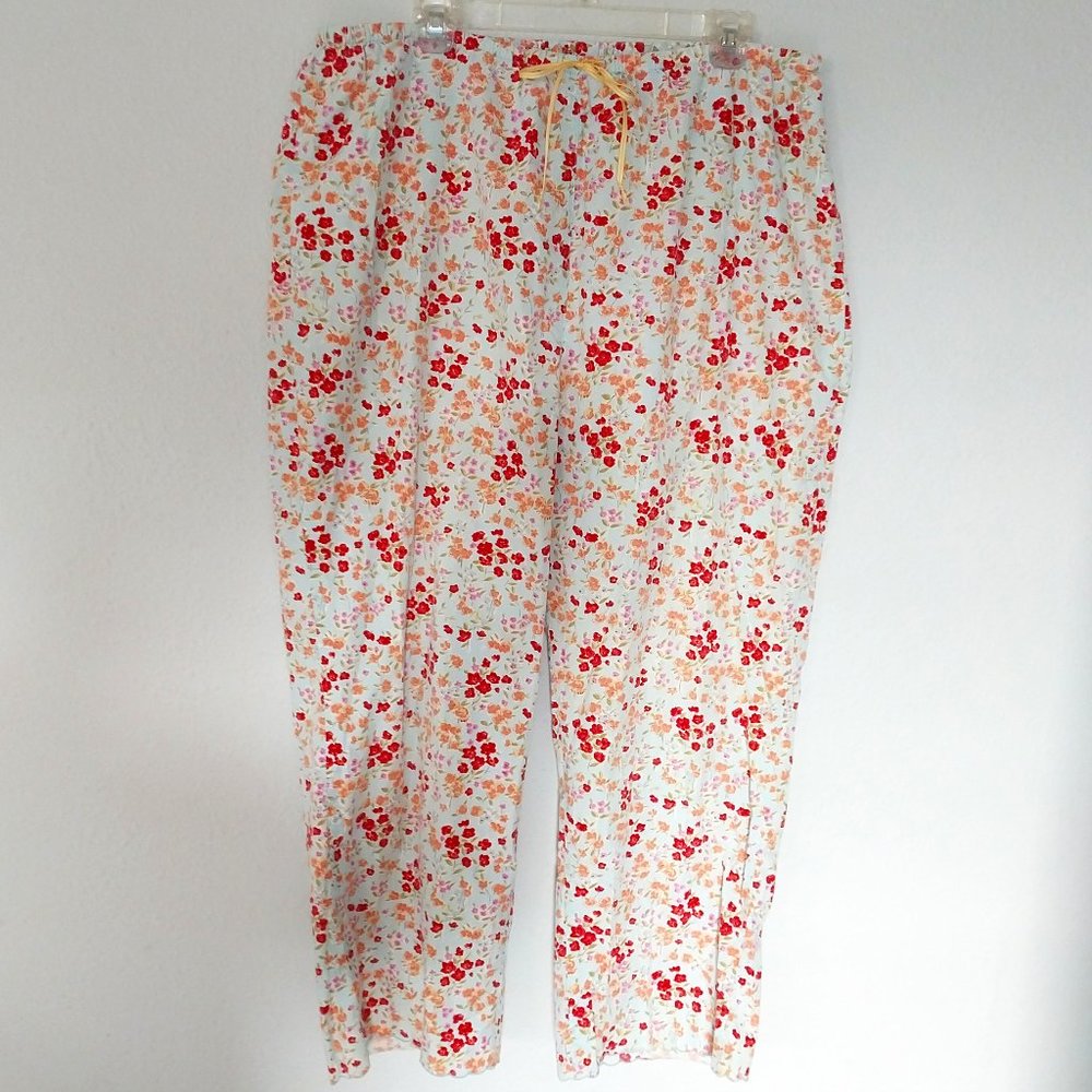Eddie Bauer Floral Print 100% Cotton Pajama Bottoms with Ribbon Waist Tie NWOT